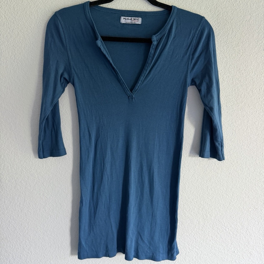 Michael Stars Scoop Neck 3/4 Sleeve Blue Stretch Tee Top One Size Henley